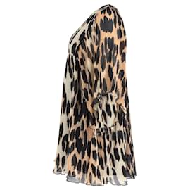 Ganni-Mini abito oversize plissettato con stampa leopardata Ganni in poliestere marrone-Marrone