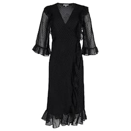 Ganni-Ganni Polka-Dot Ruffled Wrap Dress in Black Polyamide-Black