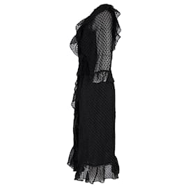 Ganni-Ganni Polka-Dot Ruffled Wrap Dress in Black Polyamide-Black