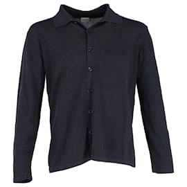 Giorgio Armani-Armani Collezioni Buttoned Long-Sleeve Knit Top in Navy Blue Cotton-Blue,Navy blue