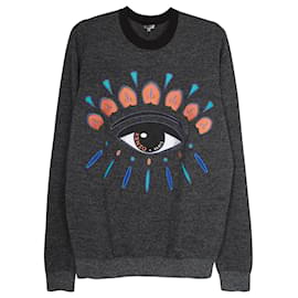 Kenzo-Kenzo Embroidered Eye Sweater aus dunkelgrauer Wolle -Grau
