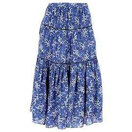 Ulla Johnson-Ulla Johnson Auveline Tiered Floral-Print Midi Skirt in Navy Blue Cotton-Blue,Navy blue