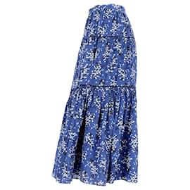 Ulla Johnson-Ulla Johnson Auveline Tiered Floral-Print Midi Skirt in Navy Blue Cotton-Blue,Navy blue
