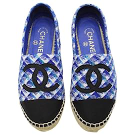 Chanel-Chanel Interlocking CC Logo Espadrilles Loafers in Blue Tweed-Blue