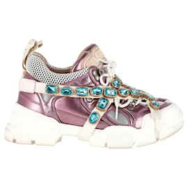 Gucci-Gucci x SEGA Flashtrek Sneakers w/ Removable Crystals in Metallic Pink Leather-Pink
