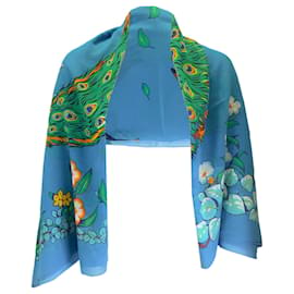 Autre Marque-Hermes Blue / Green Multi Peacock Print XL Cotton Scarf-Blue