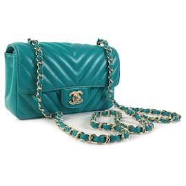 Chanel-Blue Chanel Mini Chevron Quilted Lambskin Rectangular Flap Crossbody Bag-Blue