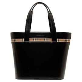 Burberry-Black Burberry House Check Canvas Trimmed Leather Handbag-Black