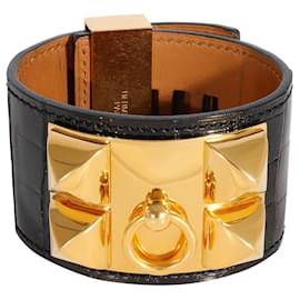 Hermès-Hermès Collier de Chien Bracelet Black Shiny Alligator Bracelet 2013-Metallic