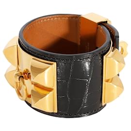 Hermès-Hermès Collier de Chien Bracelet Black Shiny Alligator Bracelet 2013-Metallic