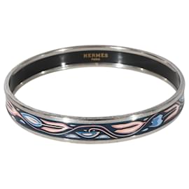 Hermès-Hermès Narrow Enamel Bracelet With Pink & Blue Design Palladium Plated (67MM)-Metallic