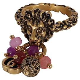 Gucci-Gucci Brass Tone Lion Head & Beaded Charm Ring with Marmot GG-Metallic