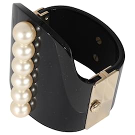 Chanel-Chanel 2015 Gold Tone Resin Hinged Bangle Bracelet With Faux Pearls-Metallic