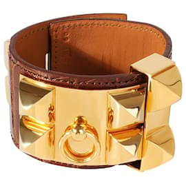 Hermès-Hermes Collier De Chien Brown Leather Gold Tone Cuff-Métallisé