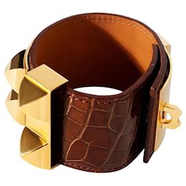 Hermès-Hermes Collier De Chien Brown Leather Gold Tone Cuff-Métallisé