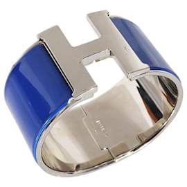 Hermès-Hermès Palladiam Plated XL Clic Clac H Bracelet in Blue Enamel-Metallic