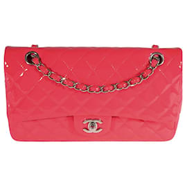 Chanel-Bolsa Chanel Candy Pink acolchoada couro envernizado médio com aba com forro clássico-Rosa