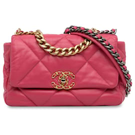 Chanel-Chanel Piel de cordero mediana rosa 19 bolso con solapa-Rosa