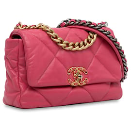 Chanel-Chanel Piel de cordero mediana rosa 19 bolso con solapa-Rosa
