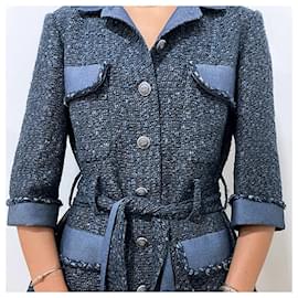 Chanel-CC Buttons Belted Tweed Jacket-Blue