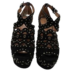 Alaïa-Alaia Studded Wedge Sandals in Black Suede-Black