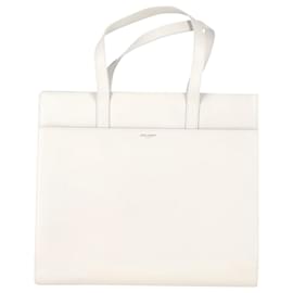 Saint Laurent-Saint Laurent Flat Shopping Tote Bag in White Leather-White