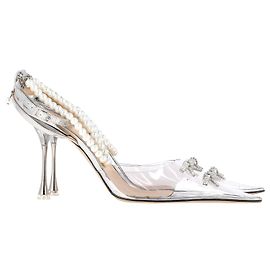 Mach & Mach Matilda 100 Crystal-Embellished Pumps in Silver Leather and Clear PVC Silvery