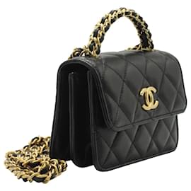 Chanel-Chanel Mini alça com corrente em couro de pele de cordeiro preto-Preto