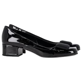 Saint Laurent-Prada Block Low Heel Pumps in Black Patent Leather-Black