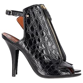 Givenchy-Givenchy Croc Embossed Zipper Sling Back Sandals in Black Leather-Black