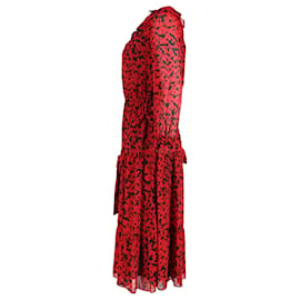 Michael Kors-Michael Michael Kors Long Sleeve Printed Midi Dress in Red Polyester-Red