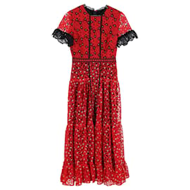 Autre Marque-Saloni Andie Floral Lace-Trimmed Midi Dress in Red Polyester-Red