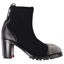 Christian Louboutin-Christian Louboutin Olivia Spiked Boots in Black Stretch Fabric and Leather-Black