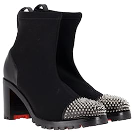 Christian Louboutin-Christian Louboutin Olivia Spiked Boots in Black Stretch Fabric and Leather-Black