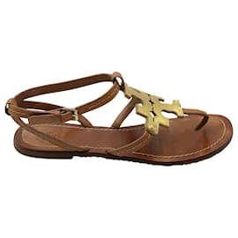 Tory Burch-Tory Burch Logo Flat Sandals in Brown Leather-Brown