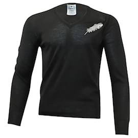 Alexander Mcqueen-Alexander McQueen V-neck Sweater with Feather Embroidery in Black Wool-Black