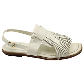 Tod's Fringed Slingback Flat Sandals in White Leather White