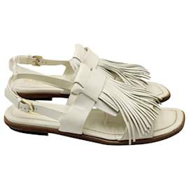 Tod's-Tod's Fringed Slingback Flat Sandals in White Leather-White