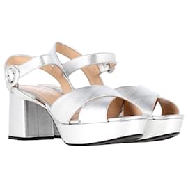 Prada-Prada Platform Ankle Strap Sandals in Silver Leather-Silvery,Metallic