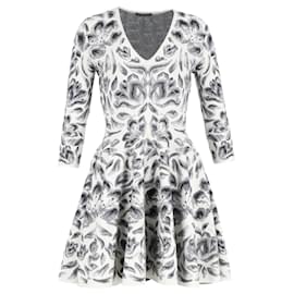 Alexander Mcqueen-Alexander McQueen Floral Fit-and-Flare Dress in White Wool Blend-White