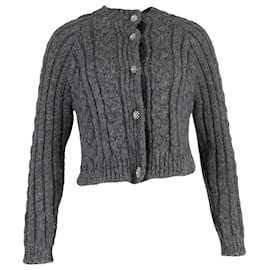 Ganni-Ganni Cable-Knit Crystal-Buttoned Cardigan in Grey Alpaca Blend-Grey