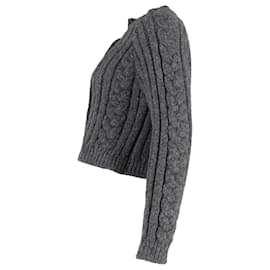 Ganni-Ganni Cable-Knit Crystal-Buttoned Cardigan in Grey Alpaca Blend-Grey
