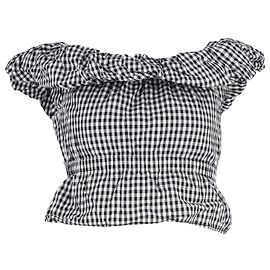 Schulterfreies Gingham-Top Mina von Rejina Pyo aus schwarzer und weißer Baumwolle. Schwarz