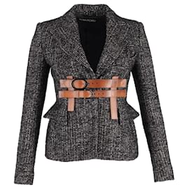 Tom Ford-Tom Ford Couture Tweed Jacket with Leather Trim in Grey Wool-Brown
