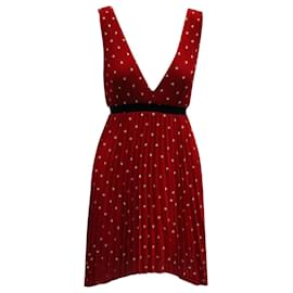 Maje-Maje Relina V-Neck Pleated Mini Dress in Red Polyester-Red