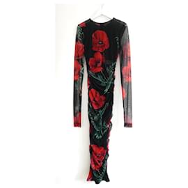 Dolce & Gabbana-Dolce & Gabbana Poppy Print Ruched Mesh Midi Dress-Black
