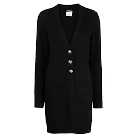 Chanel-Abrigo de cachemira negro con botones de joya CC.-Negro
