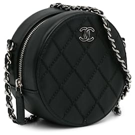 Chanel-Tracolla Chanel nera trapuntata con catena rotonda CC-Nero