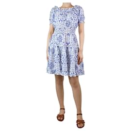 Luisa Cerano-Blue off-shoulder printed linen midi dress - size UK 8-Blue