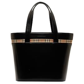 Burberry-Burberry Black House Check Canvas Trimmed Leather Handbag-Black